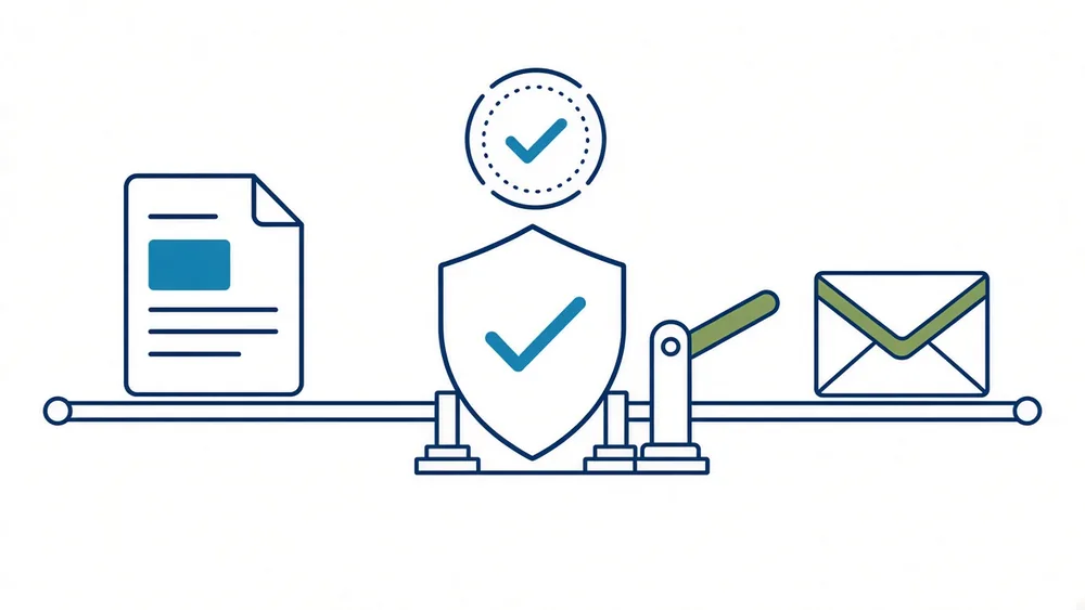 A document on a track passing through a shield gate with a checkmark and a barrier, continuing to an envelope