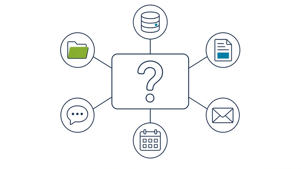 A question panel at the centre with thin lines radiating to six source glyphs: a database, a document, an envelope, a calendar, a chat bubble and a folder
