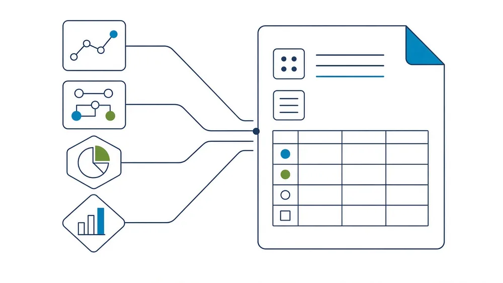 Four data panels on the left converging by thin lines into one assembled document containing a table