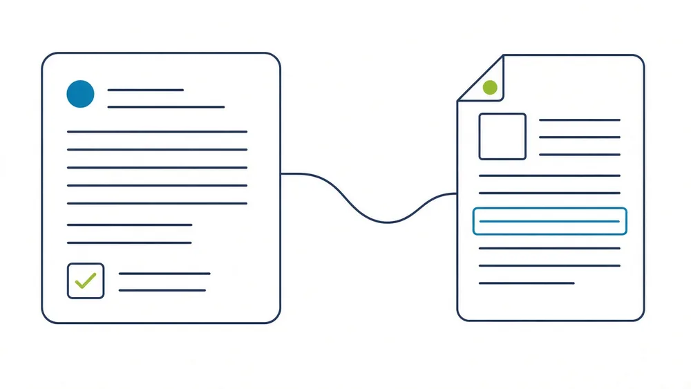 An answer panel on the left joined by a curved line to a document on the right with one line highlighted