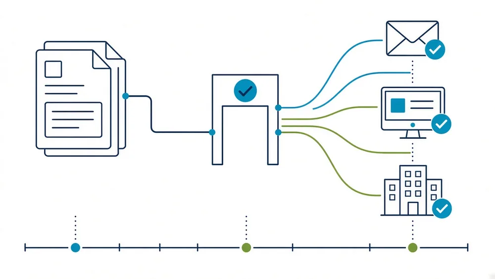 Drafted documents moving along a track through an approval gate, then splitting into three delivery paths with a ledger line beneath