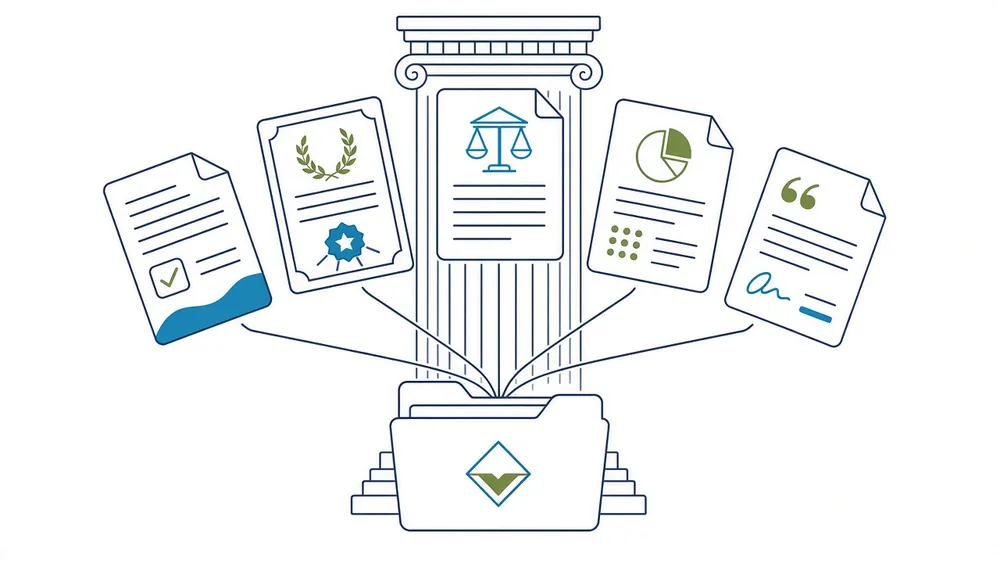Five distinct legal document types fanned in an arc above a matter folder, with a classical column behind