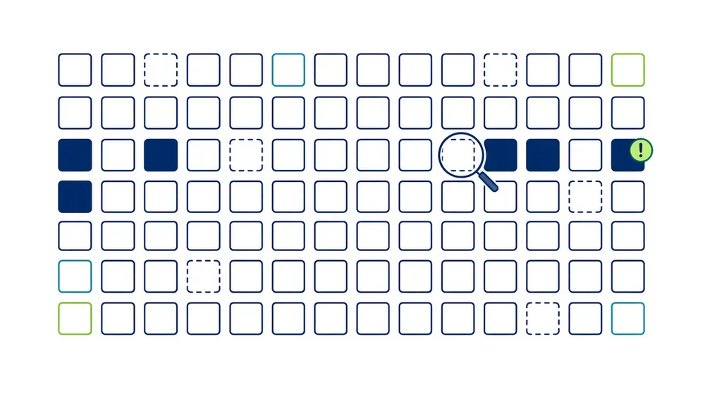 A wide grid of squares where several are dashed and empty, with a magnifier over one and an alert marker beside another