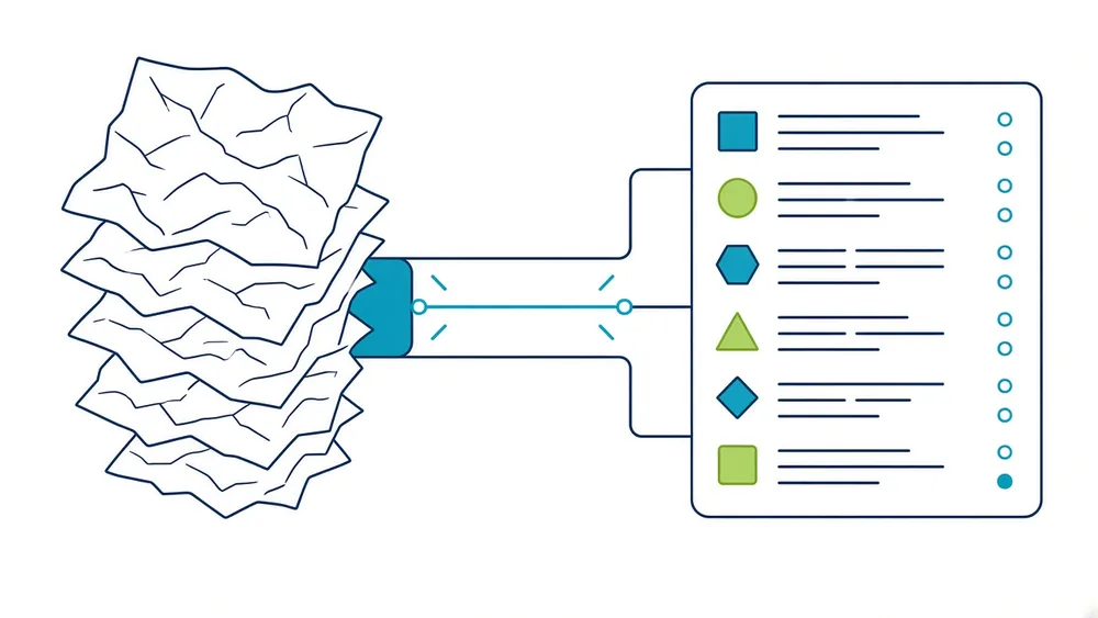 A stack of crumpled scanned pages passing through a scanning beam and emerging as clean structured data rows with status dots