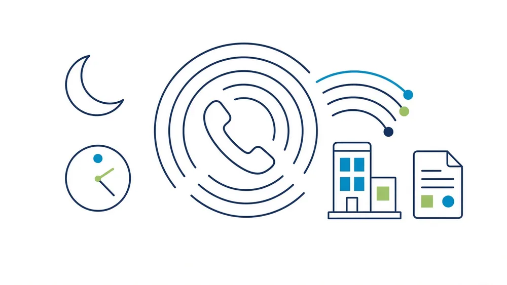 A phone handset inside concentric sound rings beside a crescent moon and a clock, with outbound call arcs reaching a building and a document