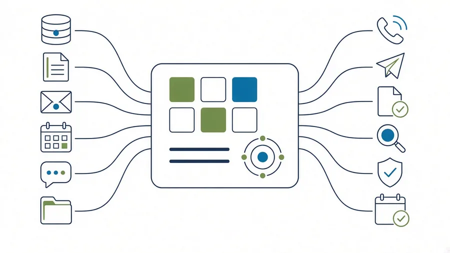 Six systems on the left, a database, a document, an envelope, a calendar, a chat bubble and a folder, all feeding into one central panel, which sends six outcomes out to the right: a phone call, a sent message, a verified document, a search, a security check and a scheduled event