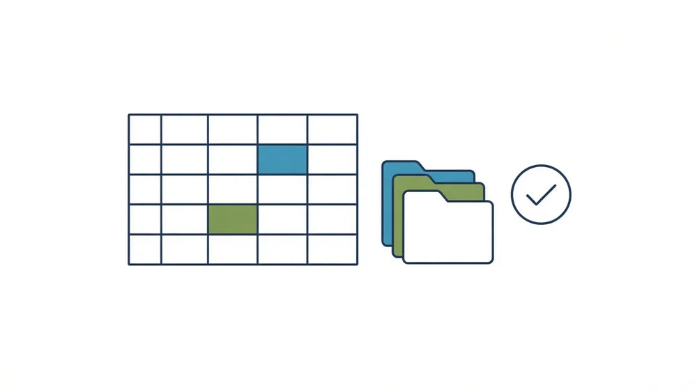 A ledger grid of ruled lines with cells highlighted beside a stack of folders and a checkmark