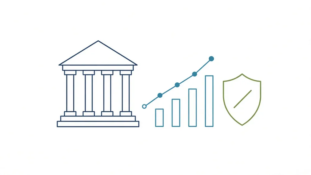 A classical building facade in thin line work beside an ascending line chart and a shield outline