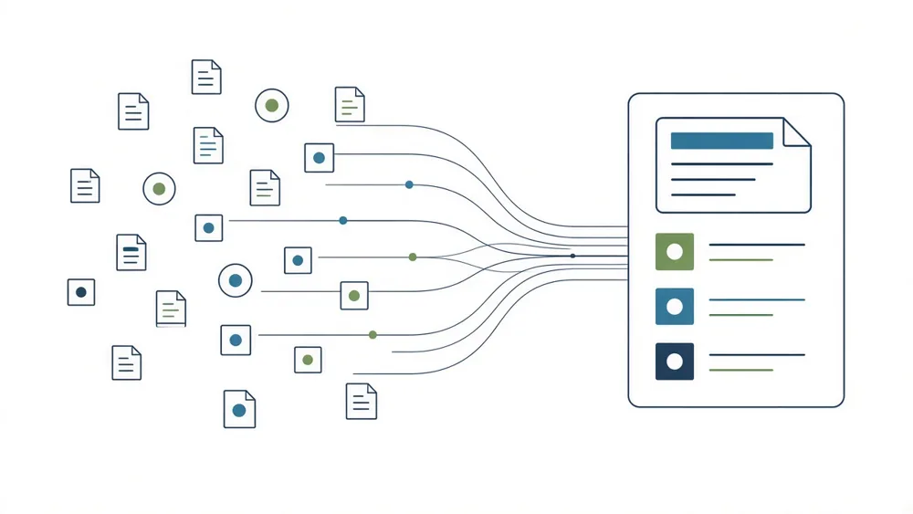 Scattered document and record shapes on the left converging along thin lines into a single unified panel on the right