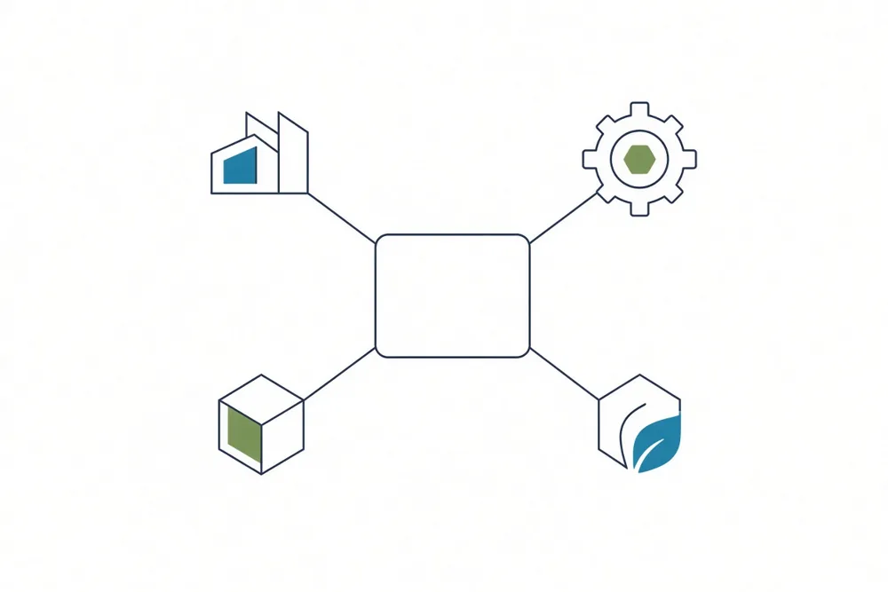 Line illustration of four industry symbols, a factory building, a gear, a shipping carton and a leaf, each joined by a short line to a single rounded square at the centre.