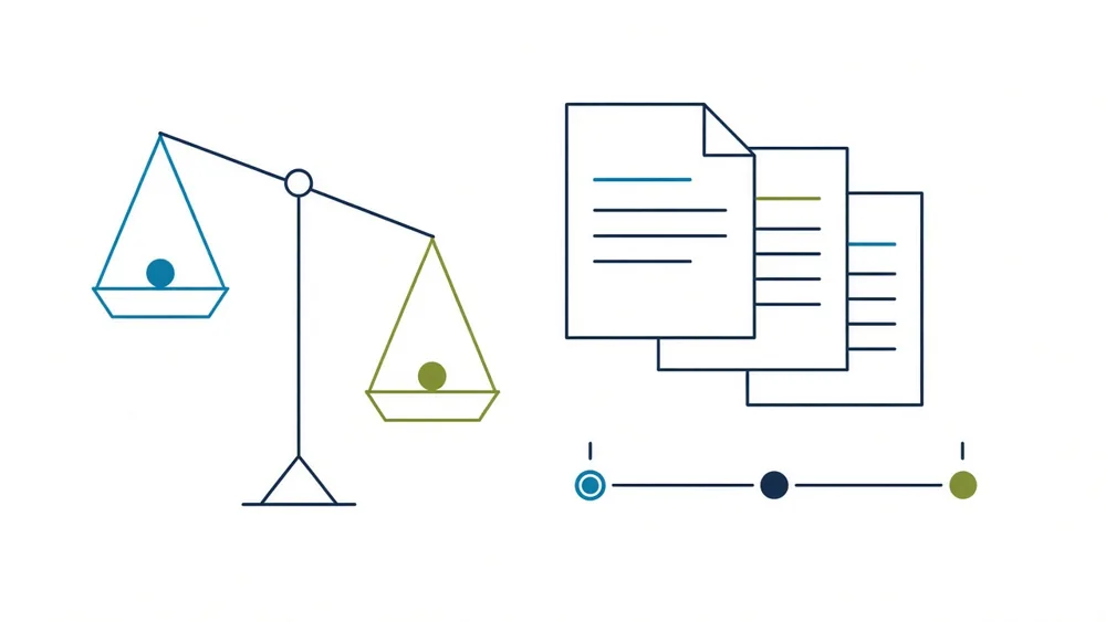 Scales of justice in thin line work beside a stack of layered case documents and a timeline of connected dots